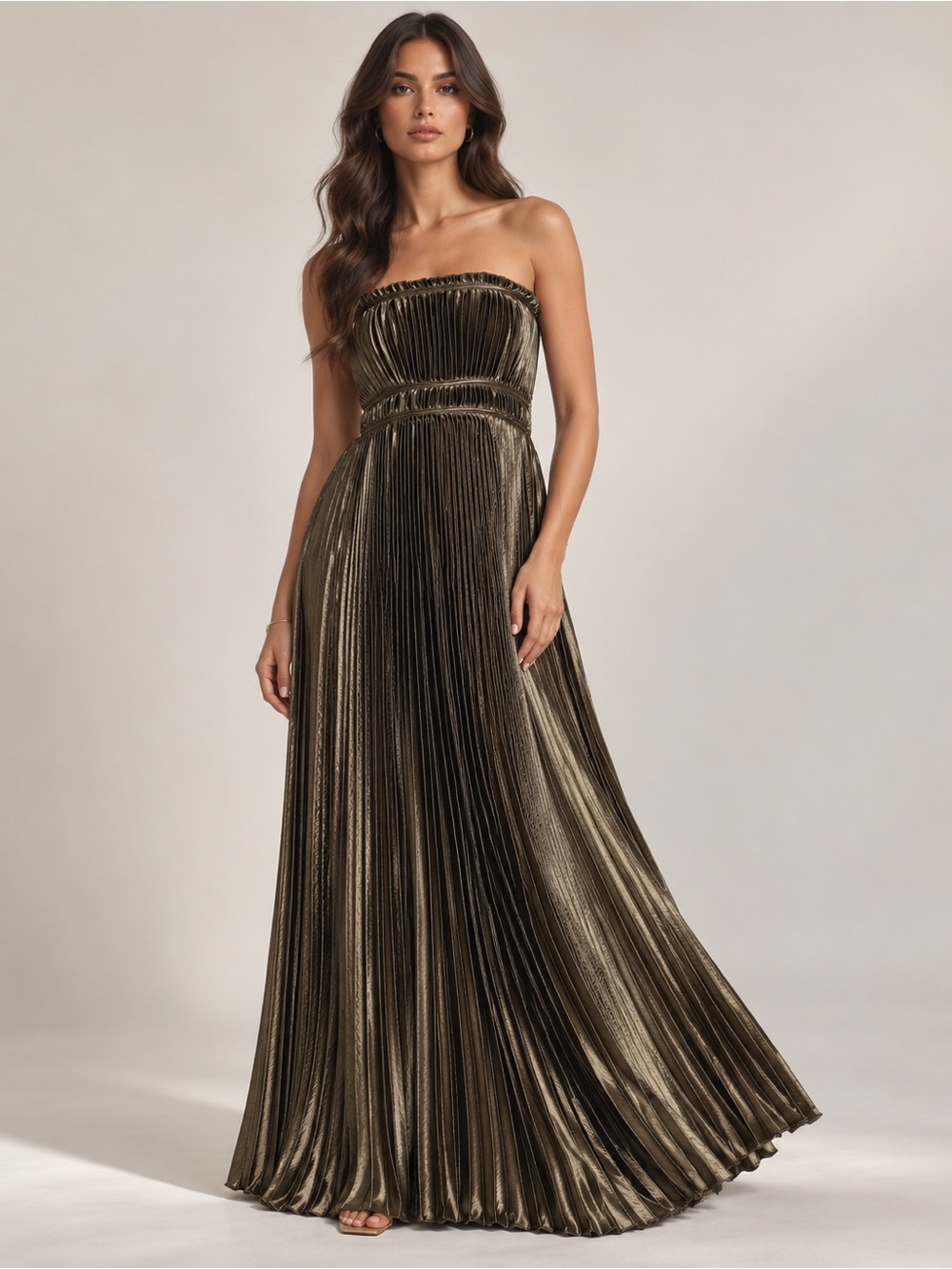 NEW Petal & Pup Angelique Olive Strapless Pleated Maxi Dress Wedding Guest Forma